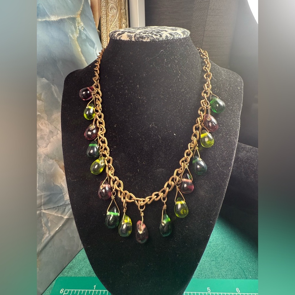 Vintage Glass Teardrop Charm‎ Necklace on Brass Chain